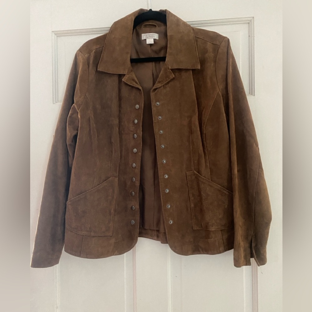Christopher & Banks Brown Suede Jacket Women Large Lined Embroidered Details - Picture 8 of 12